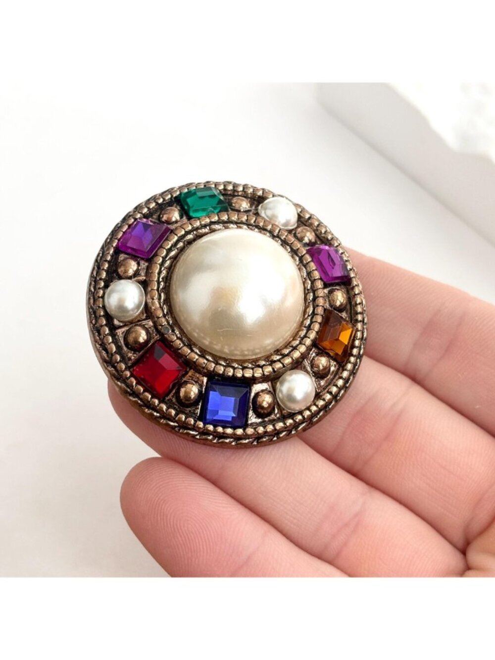 Rainbow Rhinestone Faux Pearl Colorful 80's Vintage Costume Jewelry Brooch - Picture 7 of 10